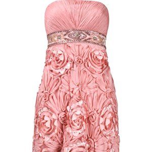 Strapless Ruched Bust Beaded Waist Floral Appliqué Mesh Cocktail Dress